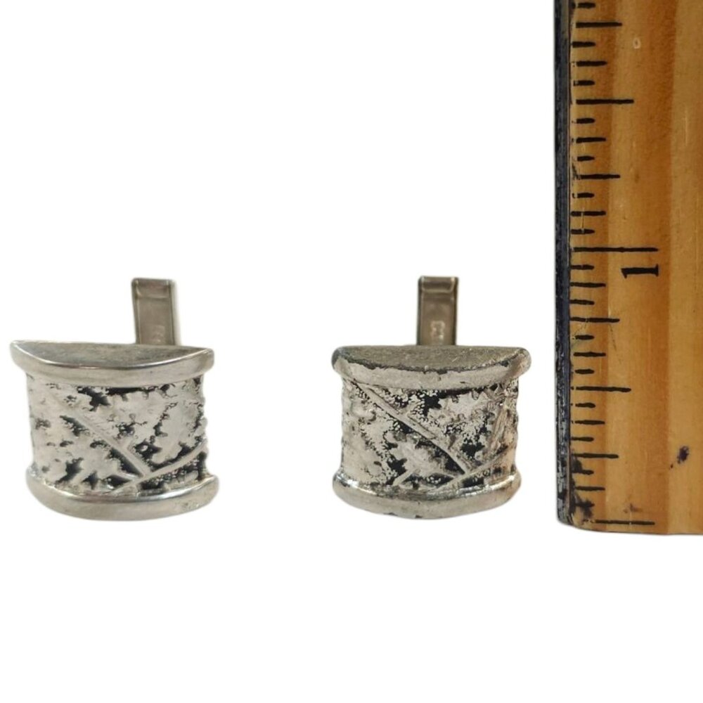 Embossed Ivy Pattern Cufflinks Vintage Pewter Silver Tone MCM Jewelry Two Tone - Picture 10 of 11